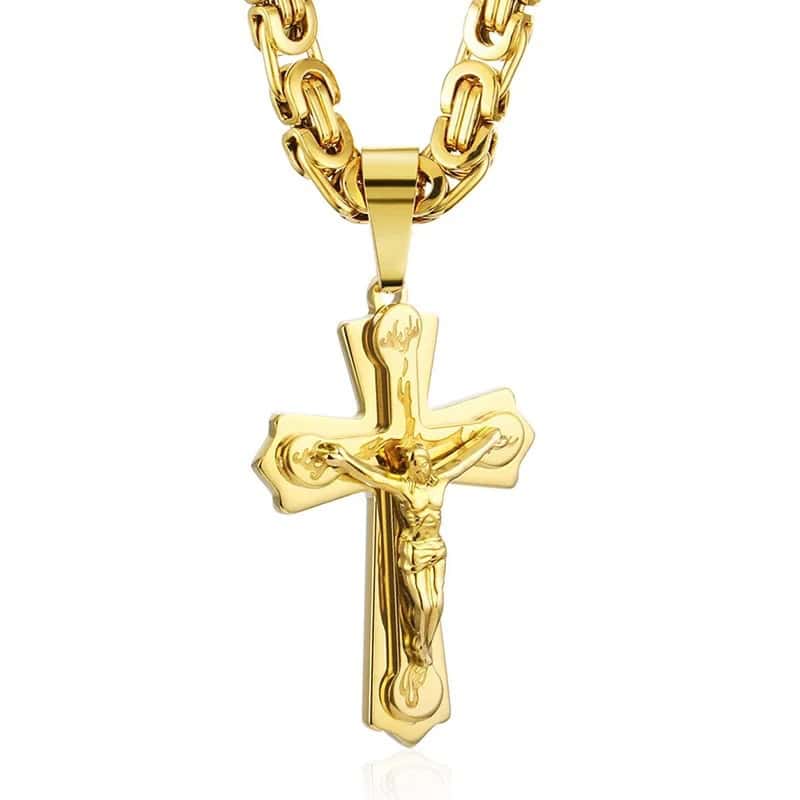 Colier Barbatesc Masiv Din Otel Inoxidabil 316L Placat Cu Aur 18K, Crucifix Detaliat Cu Iisus, Stil Elegant Pentru Cadou Sau Purtare Zilnica
